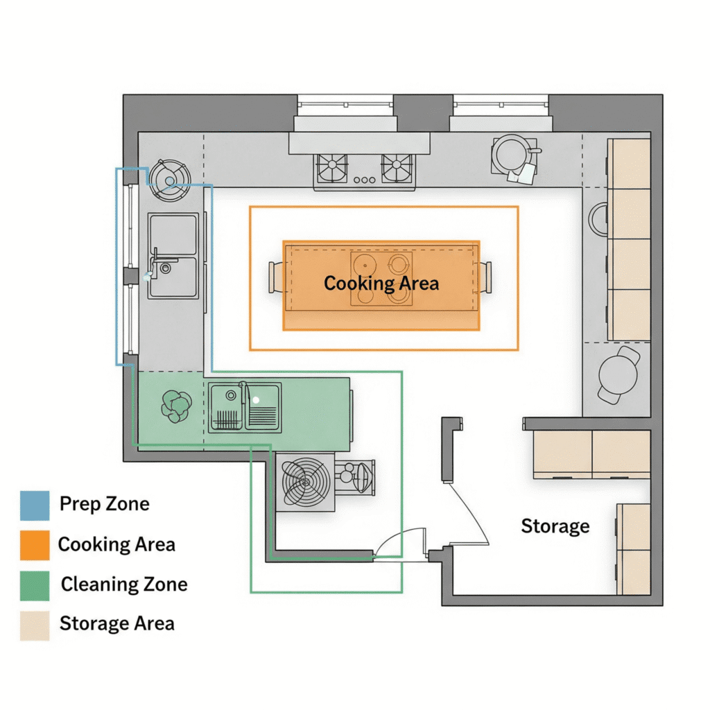 kitchen layout with zones labeled for cooking, prepping, cleaning, and storing