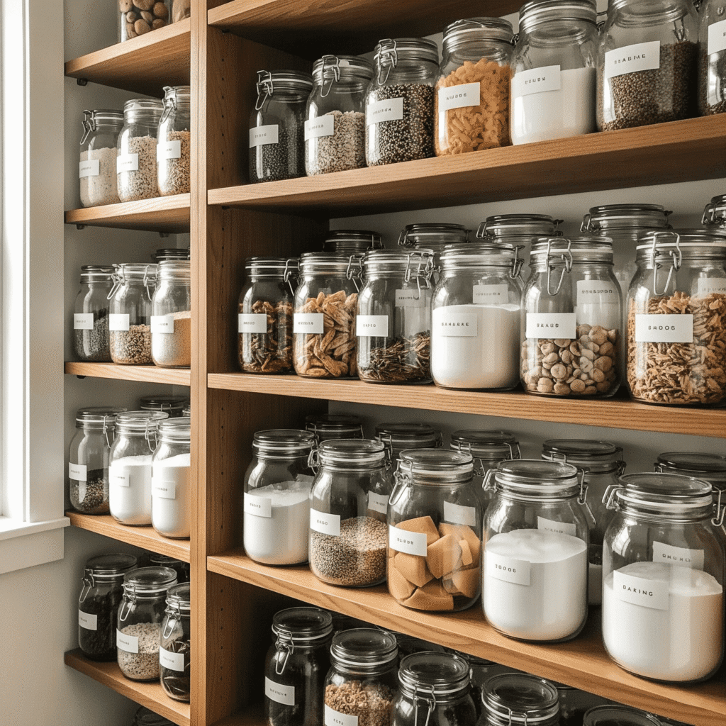 organized pantry with labeled jars and categorized items