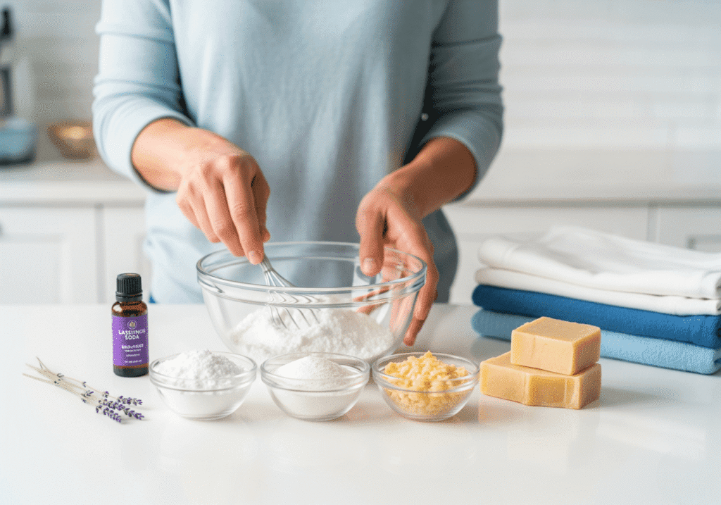 A person's hands are mixing white powder in a clear glass bowl on a clean white countertop. Around the bowl are smaller glass bowls with white powders and grated bar soap, a small bottle of lavender essential oil, and a sprig of lavender. In the background, a stack of clean, folded laundry is visible. This image demonstrates the DIY Laundry Detergent Process, highlighting Homemade Cleaning Solutions and Eco-Friendly Laundry steps. Keywords: DIY Detergent, Natural Laundry, Sustainable Home.