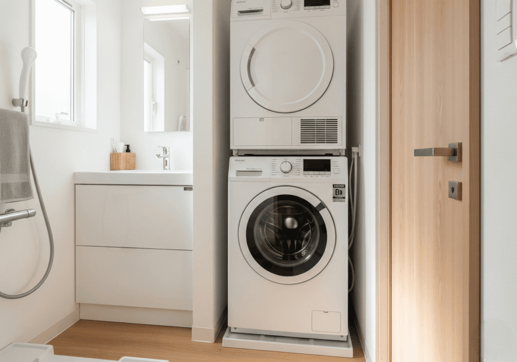 A compact, stacked white washing machine and heat pump dryer unit are neatly fitted into a small, bright bathroom space next to a white sink and cabinet. This image illustrates efficient appliance choices for small homes, showcasing space-saving solutions for laundry in limited areas. Keywords: Small Space Appliances, Compact Laundry, Space-Saving Home.