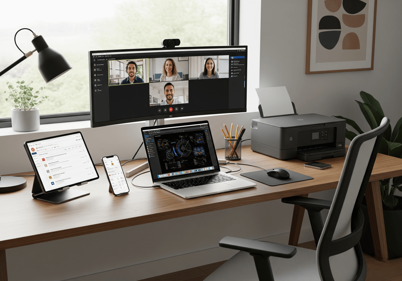 A modern home office setup with a sleek wooden desk, showcasing Choosing the Right Technology. A large curved monitor displays a video conference call, next to an open laptop, a tablet, a smartphone, and a printer. A desk lamp and a houseplant are also visible. This image highlights a productive and Technologically Advanced Home Office environment for remote work. Keywords: Home Office Setup, Remote Work Technology, Productivity Tools, Modern Workspace.
