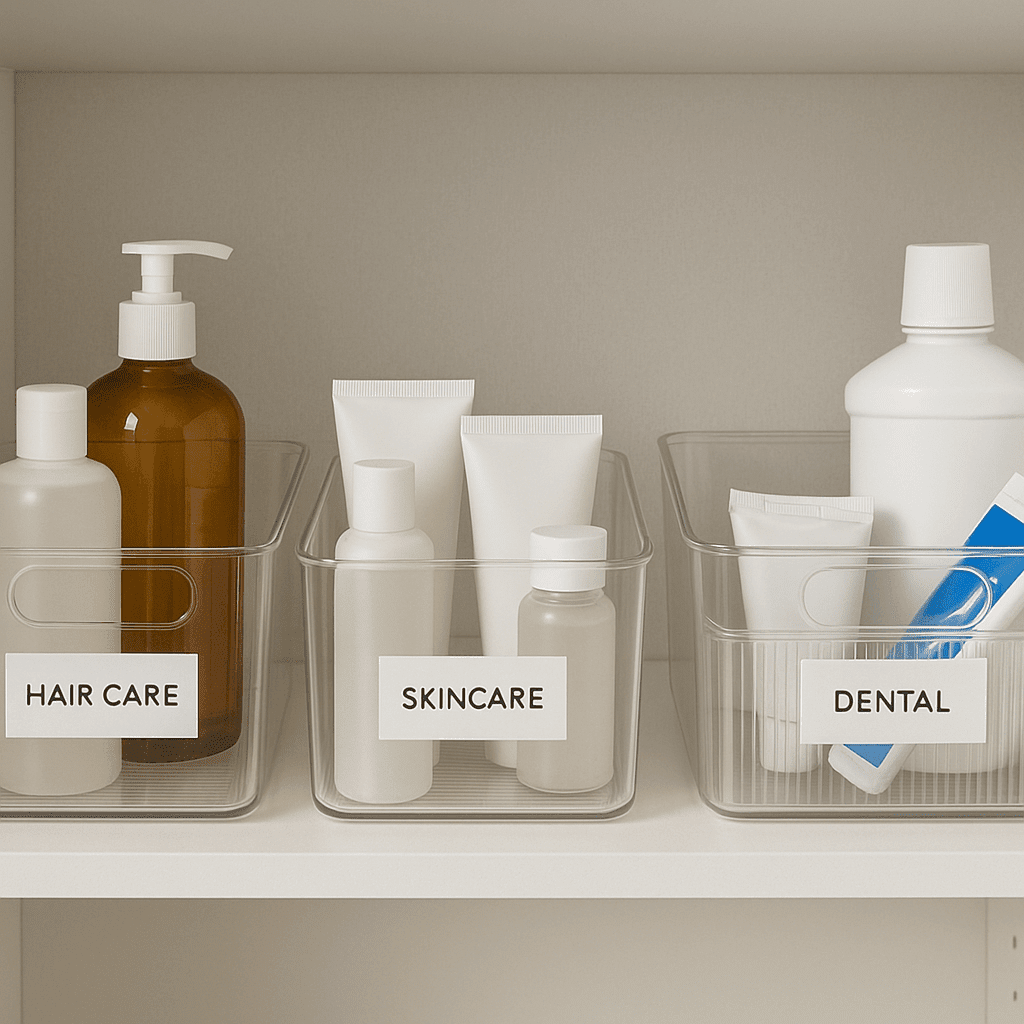 An organized bathroom storage shelf featuring clear and labeled plastic containers grouped by categories such as hair care, skincare, and dental products. The setup illustrates effective bathroom organization ideas for maximizing small space efficiency.