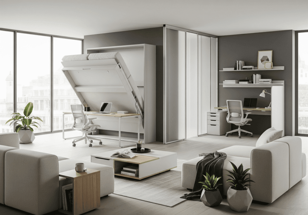 A modern, spacious room showcasing Conversion Spaces and Multi-Use Areas in Homes. On the left, a wall bed is partially folded down, revealing a desk and chair. On the right, a movable, translucent partition creates a separate office nook with another desk and chair. The living area in the foreground has modular sofas and a coffee table. This image highlights adaptable and Innovative Furniture Solutions for maximizing space. Keywords: Multi-functional Room, Murphy Bed, Flexible Living, Space-Saving Design.