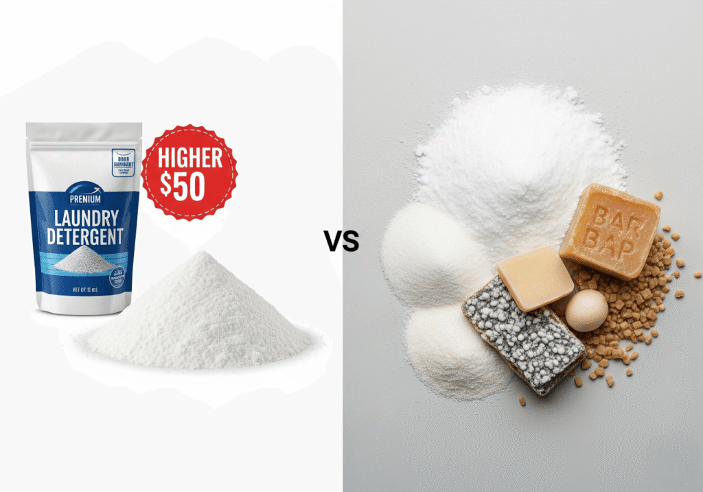 A visual comparison of laundry detergents. On the left, a white pouch of "Laundry Detergent" with a pile of white powder next to it, marked with a "HIGHER $50" sticker, representing store-bought detergent. On the right, a larger pile of white powder alongside blocks of bar soap and other granular ingredients, representing DIY detergent. This image illustrates the Cost Comparison of DIY vs. Store-Bought Detergents, highlighting the Budget-Friendly Laundry options and Sustainable Cleaning. Keywords: DIY Detergent, Homemade Laundry Soap, Cost Savings, Eco-Friendly Cleaning.