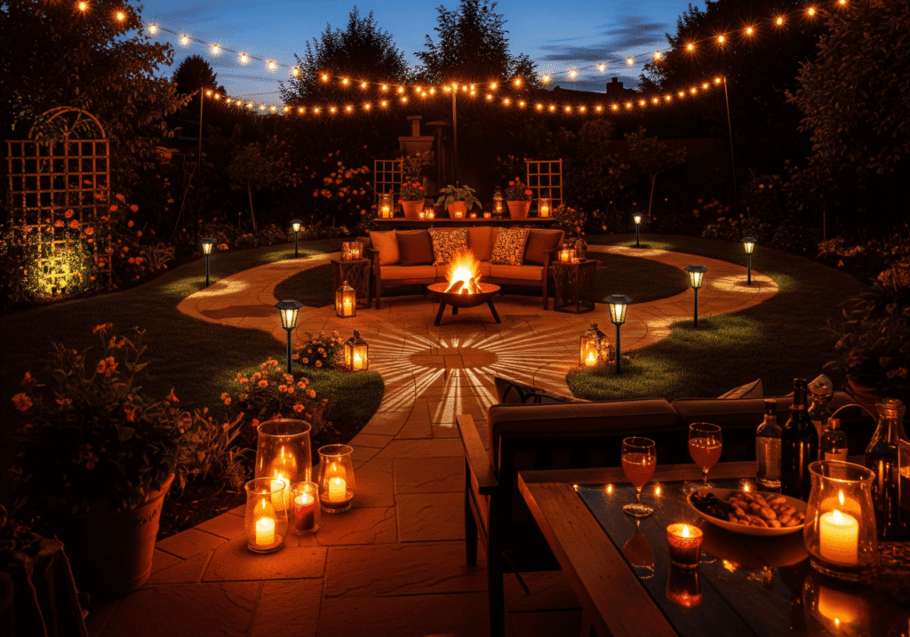 A magical backyard retreat at dusk, featuring Outdoor String Lights casting a warm glow over a patio with a central fire pit. Solar-Powered Lanterns illuminate the pathways and seating areas. Candles provide additional light, creating a cozy and intimate ambiance for an evening gathering. This image showcases Crafting Ambiance with Lighting in an outdoor space. Keywords: Backyard Lighting, Outdoor Retreat, String Lights, Fire Pit, Evening Ambiance.