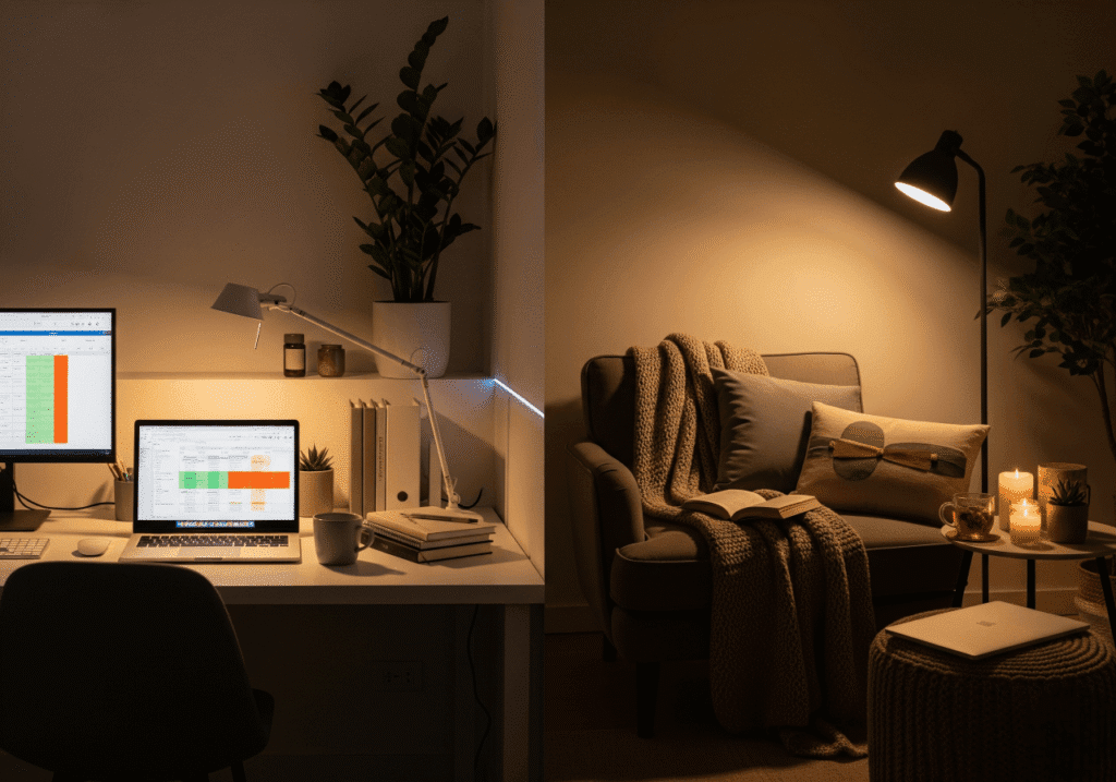 A split image visually representing Work-Life Harmony. On the left, a brightly lit home office space with a computer displaying work schedules, a laptop, and office supplies. On the right, a warmly lit, cozy living area with an armchair, a book, a blanket, and candles. A subtle glowing line separates the two spaces, symbolizing the boundary between work and personal life when working from home. Keywords: Work-Life Balance, Home Office, Remote Work, Healthy Boundaries.