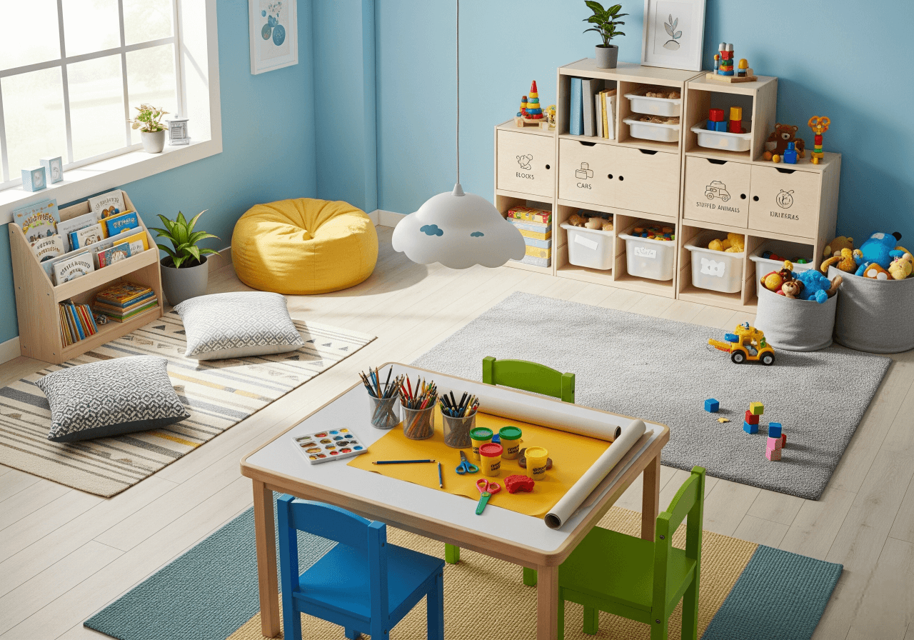 A brightly colored and organized playroom illustrating Creating Zones for Kid-Friendly Spaces. The room features distinct areas: a reading nook with a small bookshelf and beanbag chair, a crafting zone with a small table and colorful supplies, and a play area with storage bins labeled for different toy categories. This demonstrates how Designated Zones can provide structure and encourage organization in children's spaces. Keywords: Kids Playroom Zones, Organized Play Space, Children's Room Design, Home Organization for Kids.