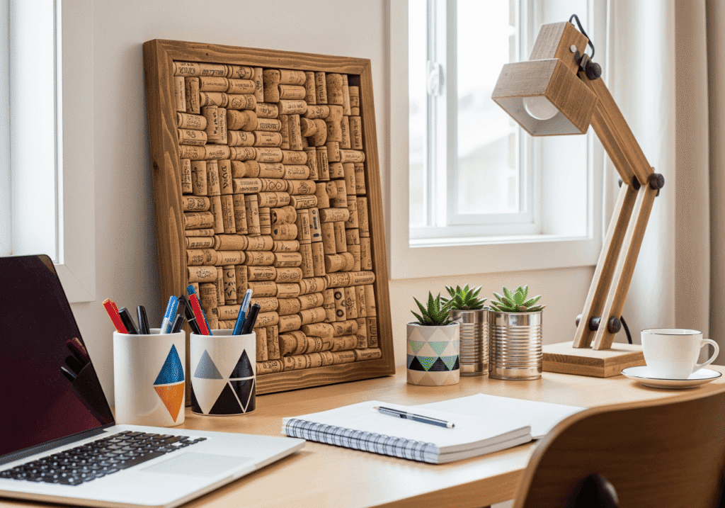 A close-up of a modern home office desk showcasing DIY Decor and Unleashing Creativity. A custom cork board made from wine corks in a wooden frame leans against the wall. Hand-painted pen holders, small planters made from recycled cans with succulents, a laptop, and a wooden desk lamp complete the setup. This image highlights Personalized Workspace Ideas and cost-effective home office decor. Keywords: DIY Office Decor, Recycled Crafts, Custom Cork Board, Creative Workspace.