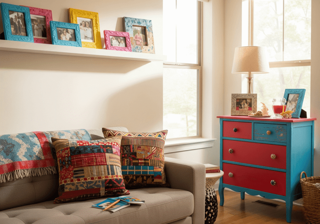 A cozy living room with a grey sofa adorned with Custom-Sewn Pillow Covers made from colorful, patterned fabric. Above the sofa, a white shelf displays Hand-Painted Picture Frames in vibrant colors. To the right, a repurposed dresser in red and blue with unique knobs serves as a side table with a lamp and decor. This image highlights DIY Home Decor Projects for a personal touch and a unique aesthetic. Keywords: DIY Decor, Personalized Home, Budget-Friendly Decor, Creative Home.