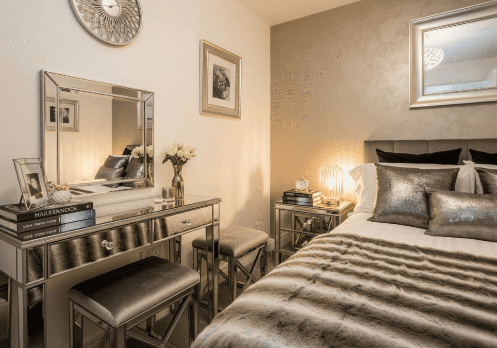 A small, modern bedroom designed in a Modern Glam Decor Style. It features a mirrored vanity with a matching stool, a bed with a plush faux fur throw and shimmering metallic pillows, and a mirrored nightstand with a gold lamp. The walls are a mix of white and a textured metallic finish, with framed artwork and a large decorative clock. This image illustrates how to infuse Luxury in Small Spaces and achieve Elegant Bedroom Design. Keywords: Glam Bedroom, Mirrored Furniture, Plush Textiles, Metallic Accents.