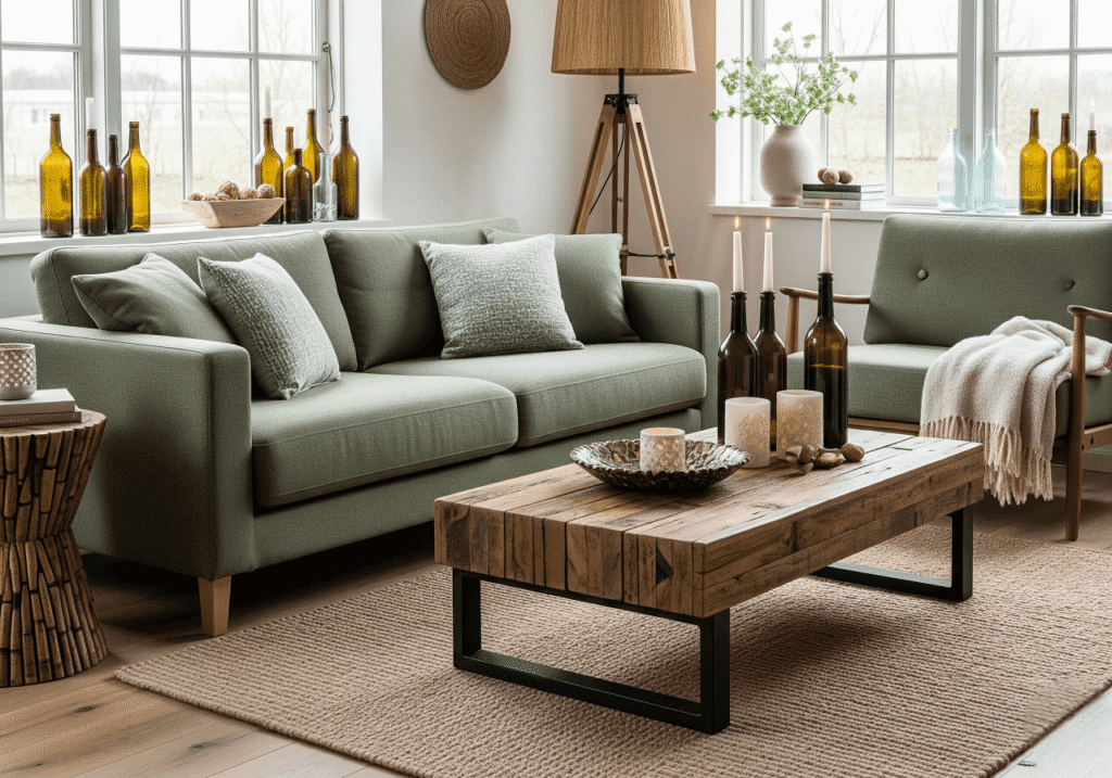 A cozy and modern living room featuring Sustainable Furniture. A sage green sofa with organic fabric upholstery faces a rustic coffee table made from reclaimed wood. Recycled glass bottles are used as decor and candleholders on the table and windowsill. The room has natural light and a warm, inviting atmosphere, emphasizing an Eco-Friendly Living Room and Conscious Home Decor. Keywords: Sustainable Furniture, Reclaimed Wood, Organic Fabric, Eco-Friendly Design.