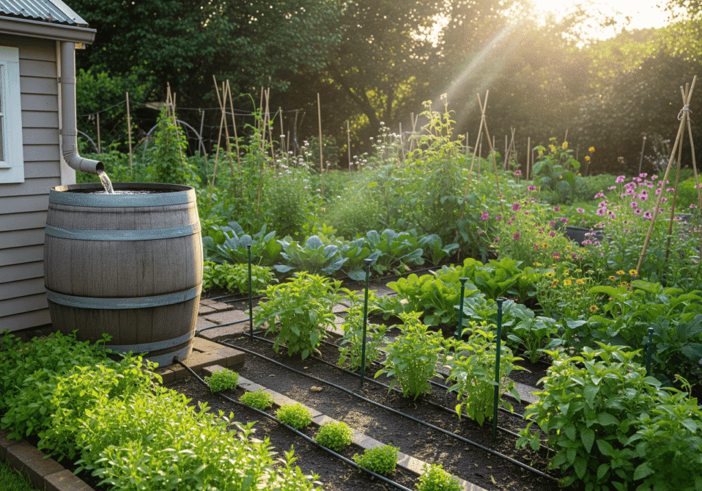 A lush, sustainable garden at sunset, showcasing Efficient Watering Techniques. A wooden rain barrel collects water from a downspout into a barrel next to a small garden shed. Black drip irrigation lines run along rows of healthy green plants, delivering water directly to the roots. This image highlights Sustainable Gardening Practices and responsible water usage. Keywords: Drip Irrigation, Rainwater Harvesting, Eco-Friendly Garden, Water Conservation.
