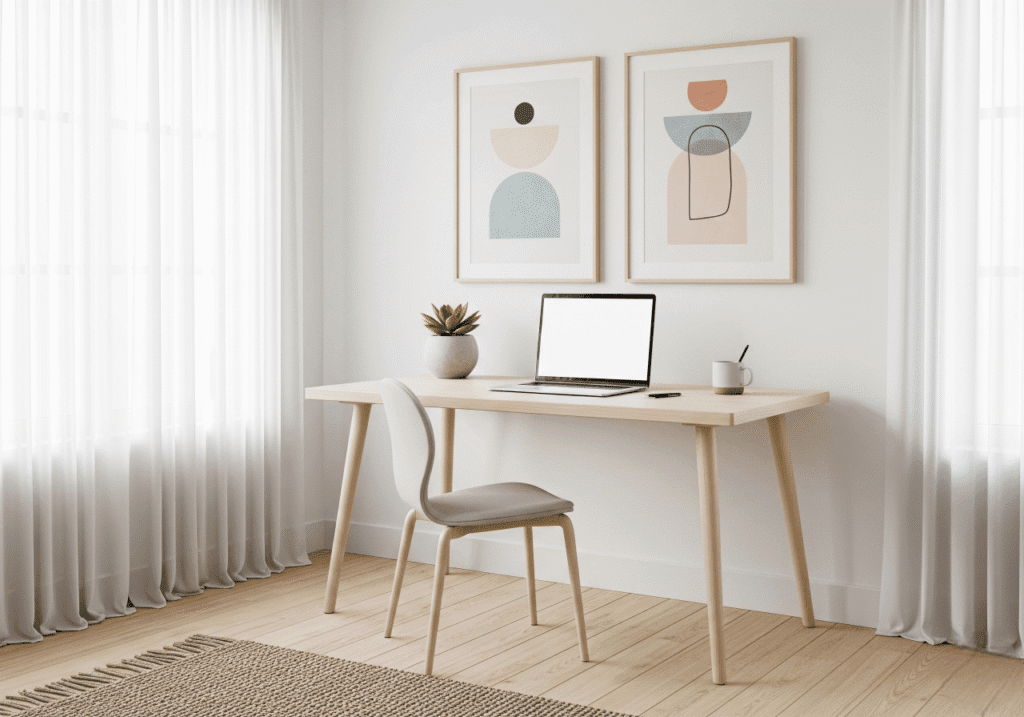 A bright and airy Minimalist Workspace featuring a light wooden desk with a laptop, a small potted plant, a pen, and a mug. A simple, modern chair is tucked under the desk. Two abstract art prints hang on the white wall, and natural light fills the room through a window with sheer curtains. This image represents Embracing Minimalism for an uncluttered and peaceful work environment, promoting focus and efficiency. Keywords: Minimalist Workspace, Clean Desk, Simple Office Design, Decluttered Space.