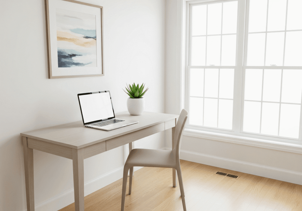 A clean and bright Minimalist Home Office with a light wood desk, a laptop, and a single green plant in a white pot. A simple abstract art piece hangs on the white wall, and a large window provides abundant natural light. This image illustrates Embracing Minimalism for Maximum Impact and creating a clutter-free, productive workspace. Keywords: Minimalist Office, Small Home Office, Productive Workspace, Clutter-Free Design.