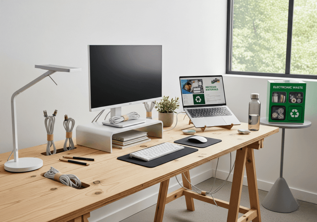 A modern, eco-friendly workspace with a wooden trestle desk, demonstrating Environmental Benefits of Cable Management. A monitor sits on a riser with neatly coiled cables, and a laptop on a stand displays "RECYCLED MATERIALS." A small plant, a water bottle, and a box labeled "ELECTRONIC WASTE" emphasize sustainability. This image promotes Eco-Friendly Cable Organization and responsible tech use to reduce electronic waste. Keywords: Sustainable Workspace, Electronic Waste Reduction, Green Tech, Organized Cables.