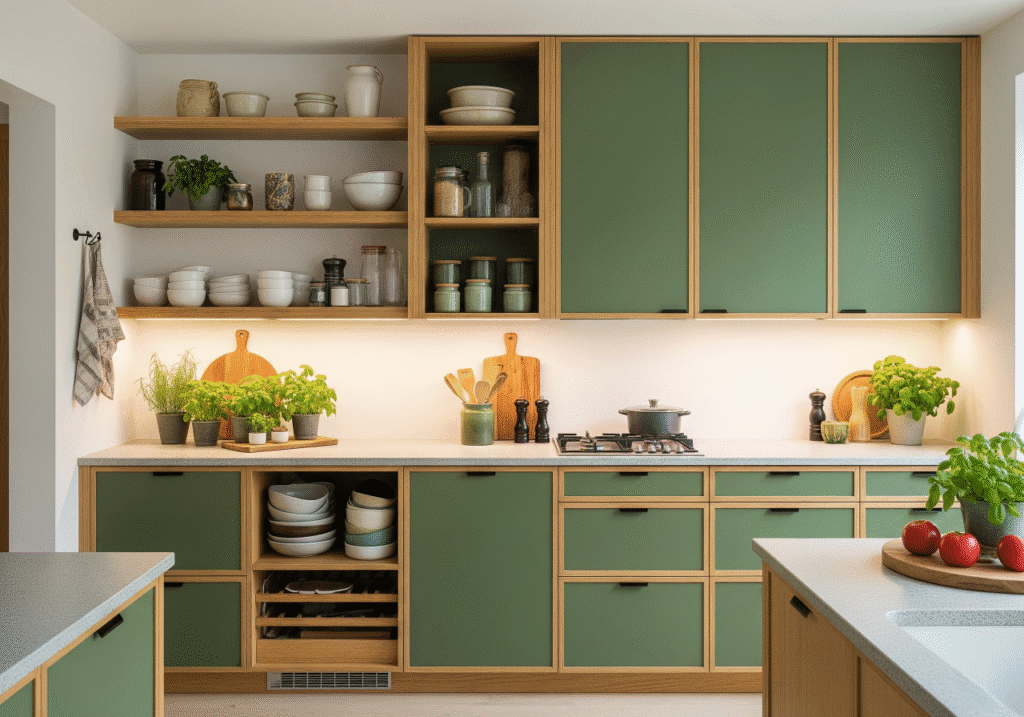 Open shelving and upper kitchen cabinets reaching the ceiling in an eco-friendly kitchen.