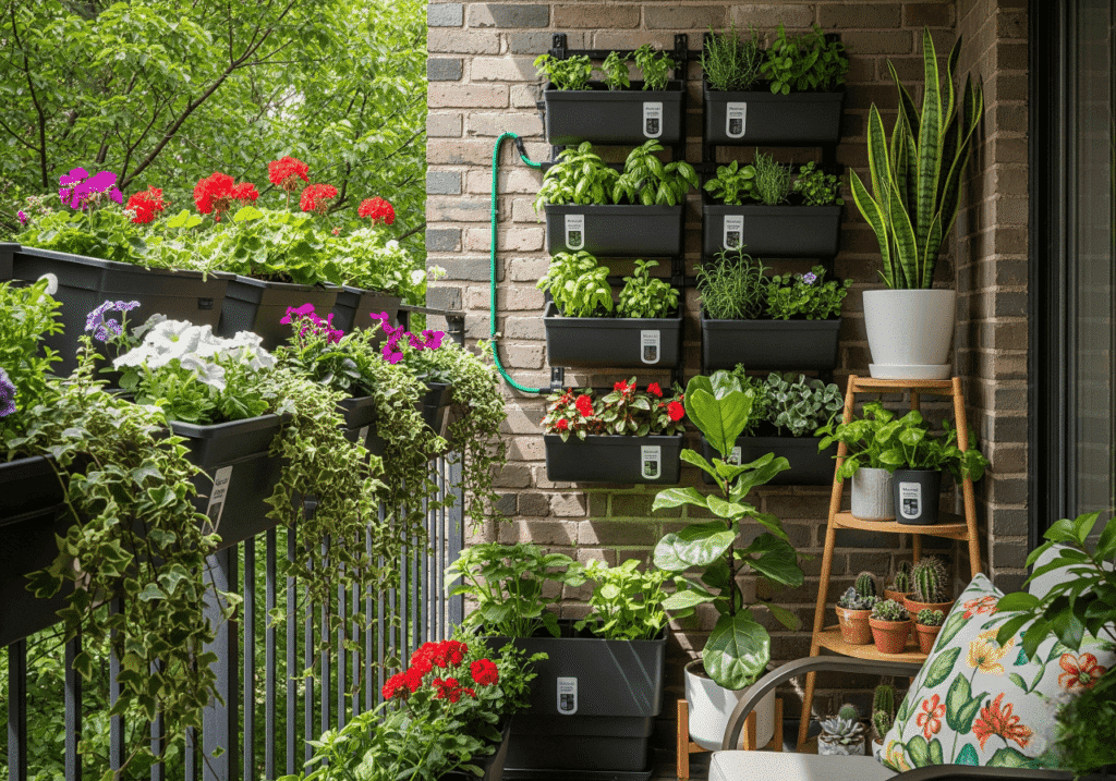 A small, urban balcony transformed into a lush, serene garden. It features Rail Planters with cascading ivy and red geraniums, Wall-Mounted Pots with herbs and ferns, and tiered plant stands with various potted plants. The greenery thrives in sunlight, emphasizing Incorporating Plants and Greenery to create a verdant oasis. Keywords: Balcony Garden, Vertical Gardening, Plant Care, Small Space Gardening.