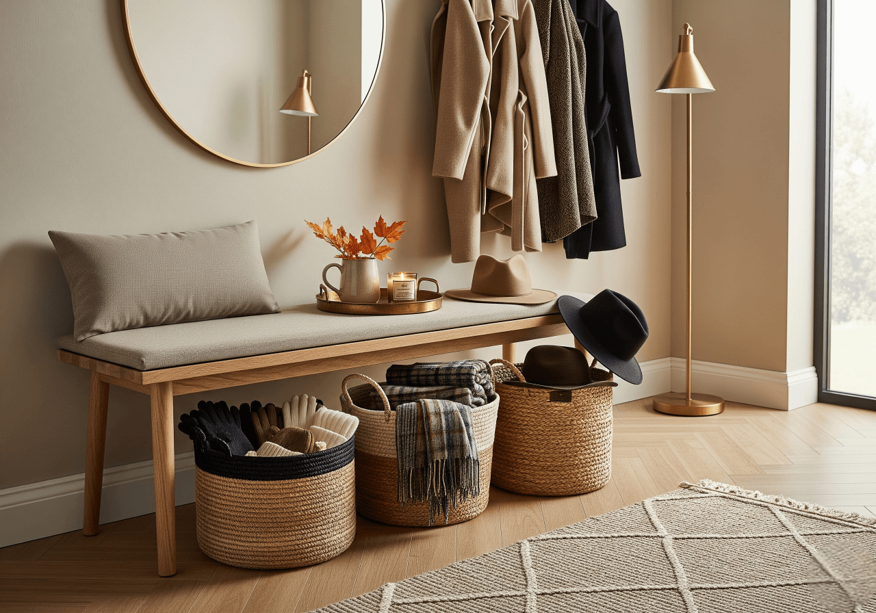 A stylish entryway features a light wood bench with a neutral cushion. Three woven baskets are neatly placed underneath, filled with gloves, plaid blankets, and hats, demonstrating Incorporating Stylish Baskets for organization. A large round mirror and a coat rack with coats hang on the wall above the bench, and a gold floor lamp stands beside it. This image highlights Entryway Organization and Clutter Containment with decorative storage solutions. Keywords: Woven Baskets, Entryway Storage, Home Organization, Stylish Storage.