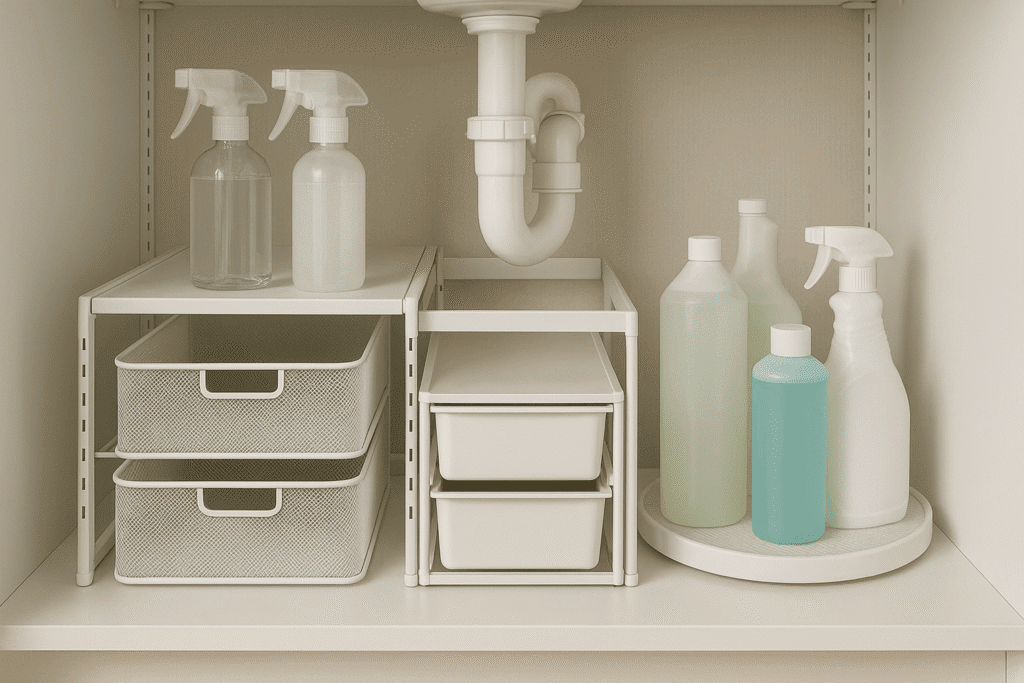 A neatly organized under-sink bathroom storage area featuring adjustable shelves, stackable drawers, and a slide-out tray holding various cleaning supplies. A lazy Susan is used for easy access to frequently used items, illustrating innovative under-sink storage solutions