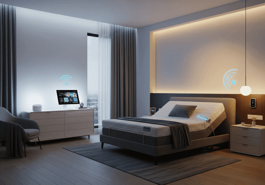 A modern, dimly lit bedroom showcasing Smart Technology Integration. An adjustable smart bed with glowing indicators is partially raised, a tablet on a dresser displays a smart home interface, and a smart speaker sits nearby with a glowing Wi-Fi symbol. Smart lighting emits a soft glow behind the headboard and from a pendant light. This illustrates a Smarter Bedroom with automated features for comfort and convenience. Keywords: Smart Home Bedroom, Home Automation, Intelligent Beds, Smart Lighting.