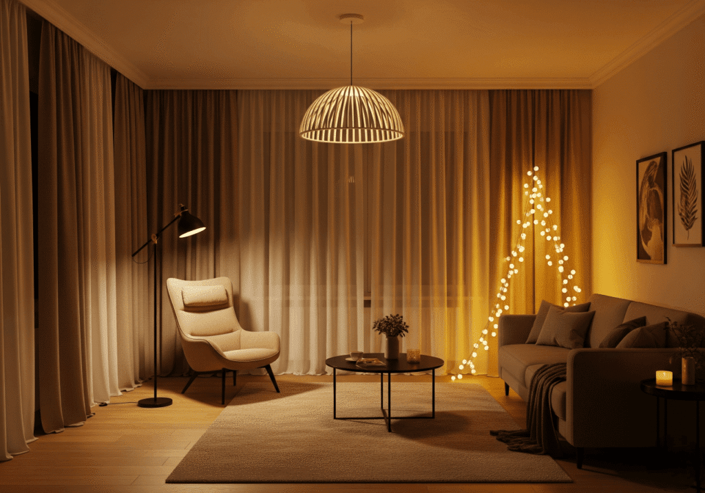 A warm and inviting modern living room showcasing a versatile Lighting Setup. A beige armchair with a black floor lamp next to it provides task lighting, while dimmable string lights form a glowing cone in the corner. A stylish wooden pendant light hangs from the ceiling, illuminating the central coffee table and grey sofa. This image illustrates how different light sources can create varied ambiances, making the space feel both spacious and cozy. Keywords: Living Room Lighting, Ambient Lighting, Interior Lighting Design, Home Decor.