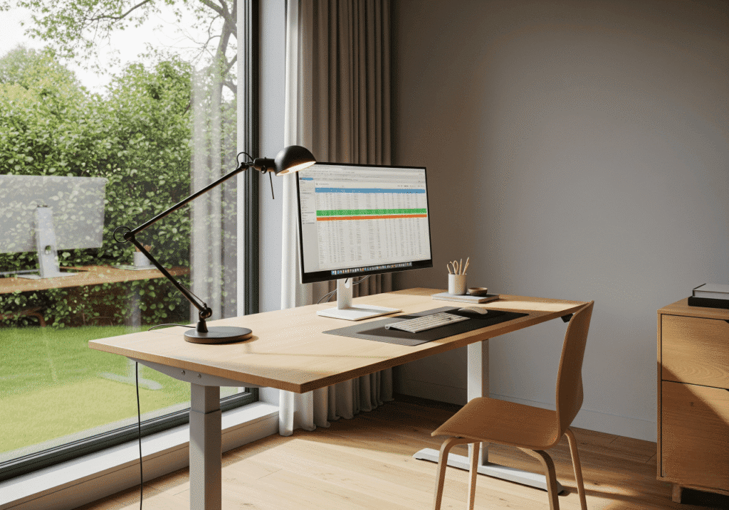 A modern home office with a wooden desk positioned in front of a large window, maximizing Natural Light. An adjustable black desk lamp provides Artificial Lighting for the workspace, which includes a computer monitor, keyboard, and mouse. This image illustrates the importance of balancing natural and artificial light for an energetic and efficient home office environment. Keywords: Home Office Lighting, Natural Light Workspace, Desk Lamp, Efficient Workspace.