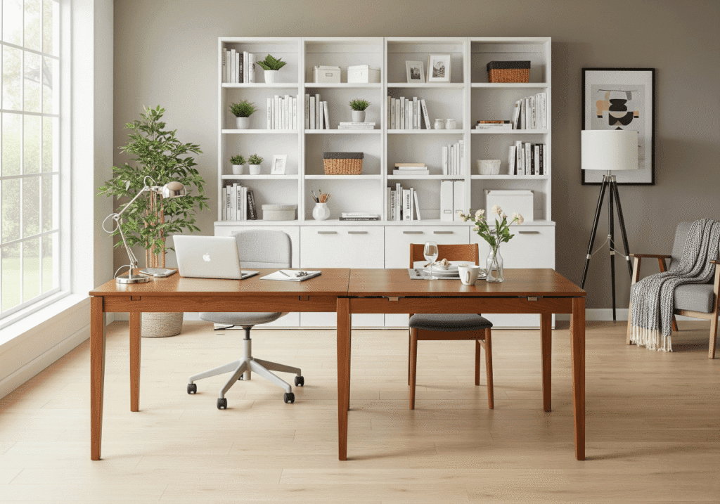 A modern, Multi-Functional Space featuring a wooden desk that converts into a dining table. On the left, it is set up as an office with a laptop, while the right side is arranged for dining. In the background, a large white bookshelf serves as storage for books and decorative items. The room is bright and clean, showcasing Versatile Furniture and efficient use of limited space. Keywords: Multi-functional Room, Convertible Furniture, Space-Saving Design, Home Office Dining.