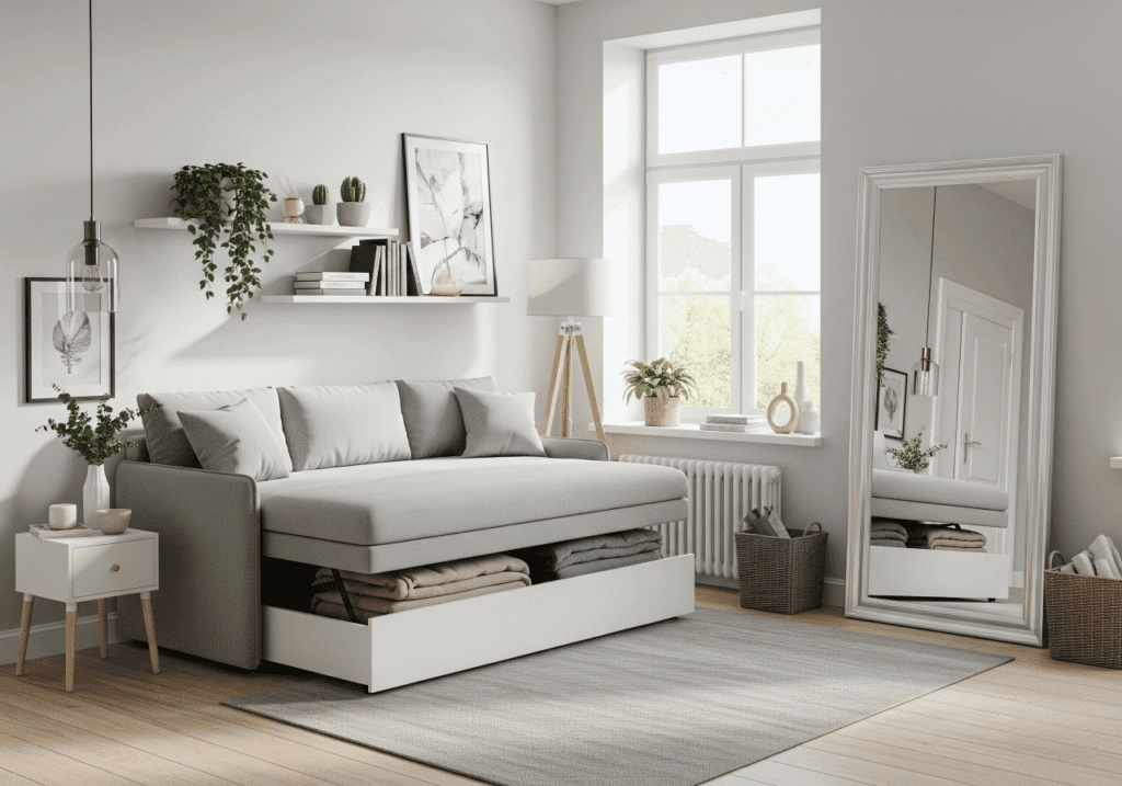 A small, modern living room with a light gray pull-out sofa featuring hidden storage underneath. Above the sofa are two wall-mounted shelves with plants and books. A large white-framed mirror stands vertically on the right, reflecting the room and creating an illusion of space. The room is brightly lit with natural light from a large window. This image illustrates Optimizing Space in Small Rooms and Multi-functional Furniture for compact living. Keywords: Small Living Room Ideas, Space-Saving Furniture, Apartment Decor, Interior Design Hacks.