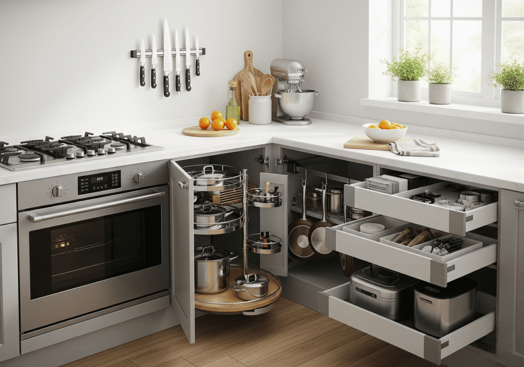 A bright, well-organized kitchen showcasing Smart Kitchen Storage Hacks. Features include magnetic knife strips on the wall, tiered racks and a lazy Susan in corner cabinets to maximize space, a hanging rack for pots and pans, and deep drawers with custom inserts neatly storing appliances. This illustrates efficient kitchen organization solutions for limited cabinet space. Keywords: Kitchen Storage, Space-Saving Ideas, Organized Kitchen.