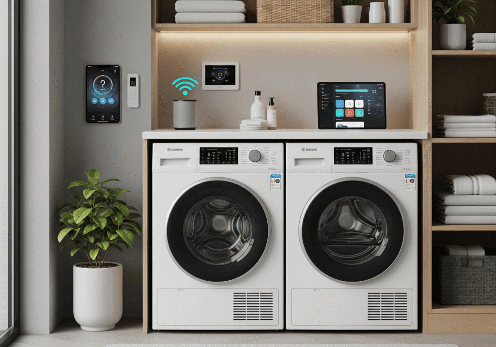 A compact, modern laundry area featuring a white smart washing machine and dryer side-by-side, with a tablet displaying an app interface and a smart speaker on the shelf above. This image demonstrates Smart Home Technology in small spaces, highlighting efficient and technologically advanced laundry solutions. Keywords: Smart Laundry, Home Automation, Efficient Appliances.