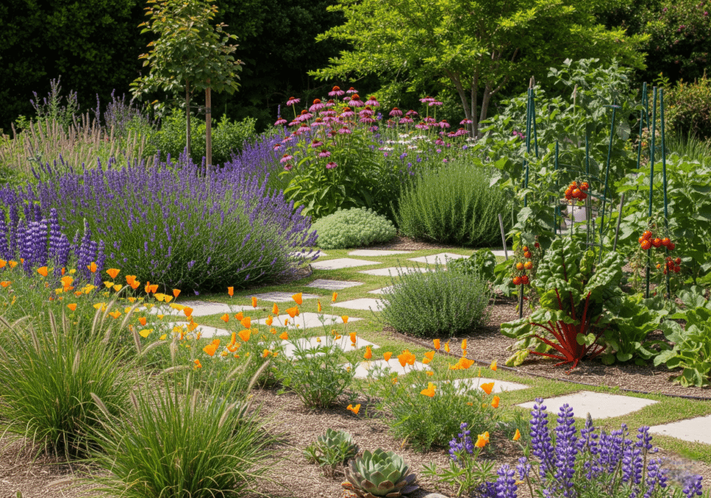 A vibrant and well-planned garden illustrating Sustainable Garden Design. A stone pathway winds through diverse plantings, including purple lavender, orange poppies, pink echinacea, and red tomatoes. The design features a mix of Native Plants, perennials, and what appears to be edible landscaping, showcasing thoughtful zoning and water-wise plant selection. Keywords: Sustainable Gardening, Eco-Friendly Garden Design, Native Plants, Water-Wise Landscaping.