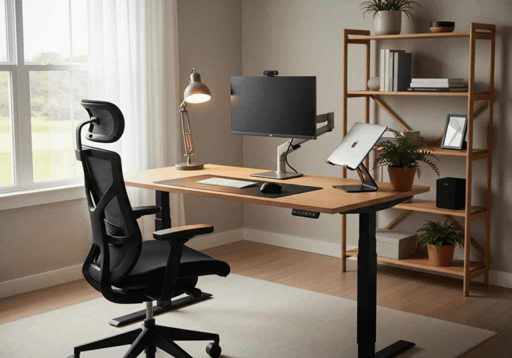 A well-lit home office emphasizing The Importance of Ergonomics. An adjustable black ergonomic chair is positioned in front of a height-adjustable wooden desk. The monitor is at eye level, and there is ample space for a keyboard and mouse. A task lamp illuminates the workspace. This setup demonstrates a comfortable and supportive environment designed for prolonged work periods. Keywords: Ergonomic Home Office, Adjustable Desk Chair, Healthy Posture, Comfortable Workspace.
