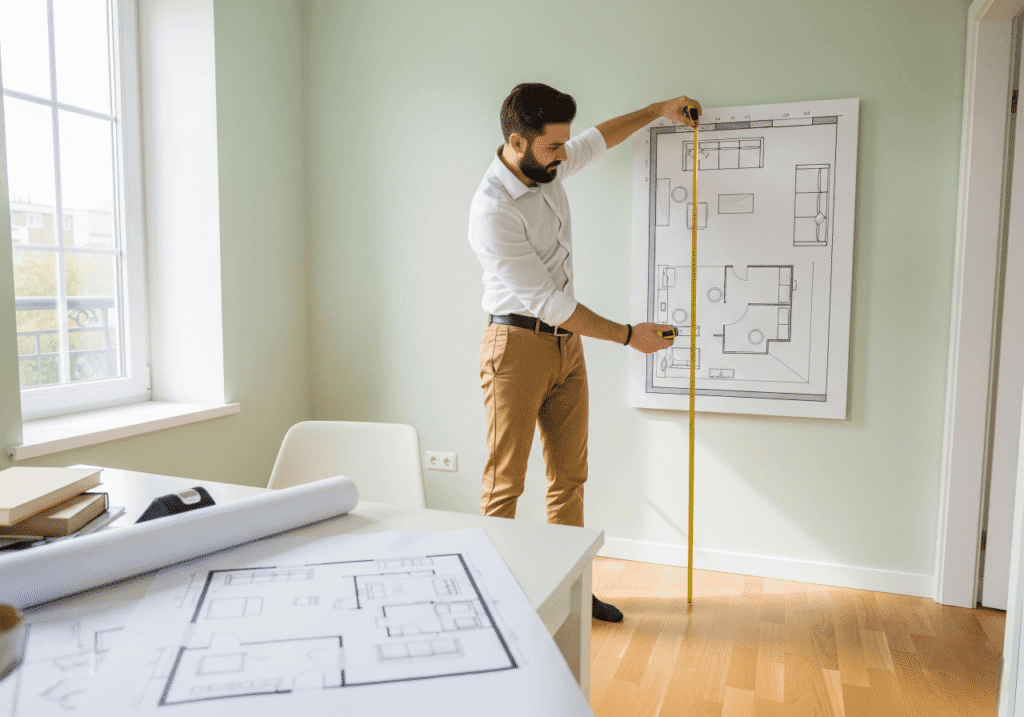 A man in a bright room is carefully measuring a floor plan hanging on a light green wall with a yellow measuring tape. Another rolled floor plan and design tools are visible on a nearby white table. Large windows provide natural light. This image emphasizes The Importance of Measuring and Planning in interior design and furniture selection. Keywords: Interior Design Planning, Space Measurement, Home Layout, Furniture Placement.