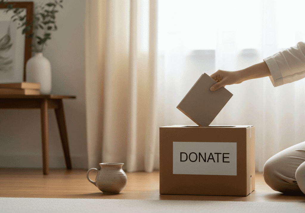 A person's hand is gently placing a light-colored book into a cardboard "DONATE" box on a light wooden floor, with a ceramic mug and a side table with decor in the background. This image illustrates Decluttering Tips for an organized home, emphasizing mindful living and ongoing decluttering efforts for a serene space.