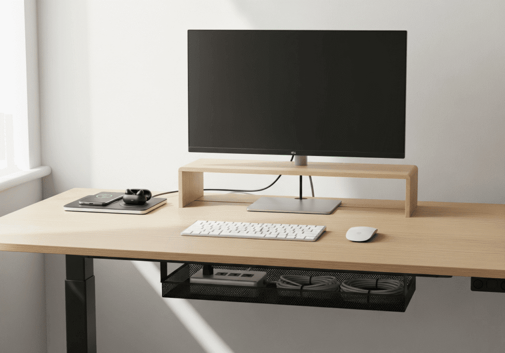 A clean and modern desk setup highlighting The Role of Technology in Cable Management. A wireless charging pad charges earbuds and a phone, eliminating cable clutter on the surface. A computer monitor stands on a riser, with a wireless keyboard and mouse. Underneath the desk, a mesh cable management tray neatly organizes the remaining cords and a power strip. This image demonstrates how Wireless Technology and smart accessories contribute to a tidy and efficient workspace. Keywords: Wireless Charging, Bluetooth Technology, Cable Management, Organized Desk