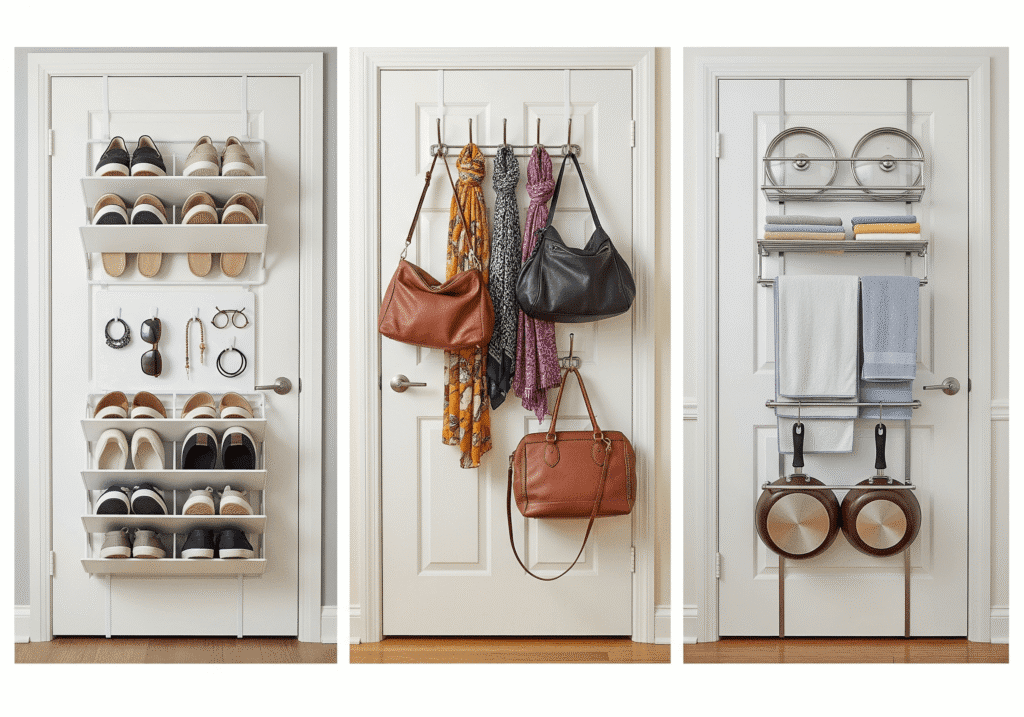 A triptych image showcasing three different white doors utilizing over-the-door organizers for storage. The left door features a shoe rack and smaller compartments holding accessories like sunglasses and jewelry. The middle door has hooks for hanging purses and scarves. The right door displays a rack holding pot lids, folded towels, and frying pans. This illustrates practical Door Space Storage ideas for home organization and maximizing small spaces. Keywords: Over-the-Door Organizer, Space-Saving Storage, Home Organization Tips.