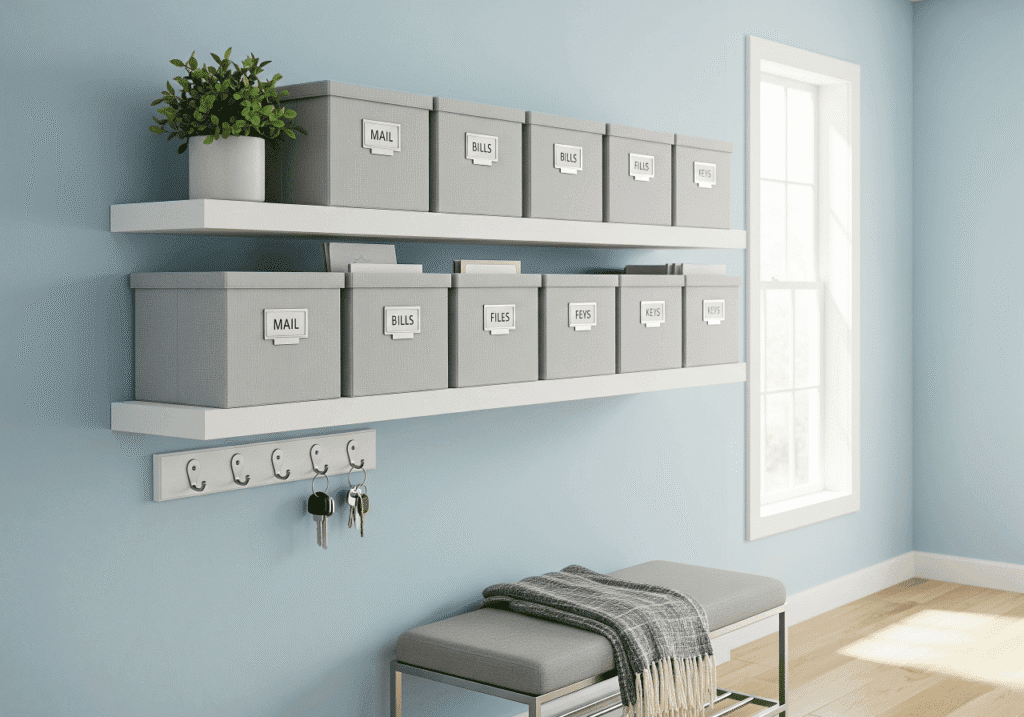 A light blue entryway wall featuring two white floating shelves holding matching gray storage boxes, each labeled with silver metal label holders indicating contents like "MAIL," "BILLS," "FILES," and "KEYS," illustrating Utilizing Storage Boxes Effectively. Below the shelves, a key rack holds several sets of keys, and a small gray bench with a throw blanket sits beneath. This setup showcases Organized Entryway Solutions for managing mail and essentials while maintaining a tidy and accessible space. Keywords: Storage Boxes, Entryway Organization, Home Filing System, Organized Home.