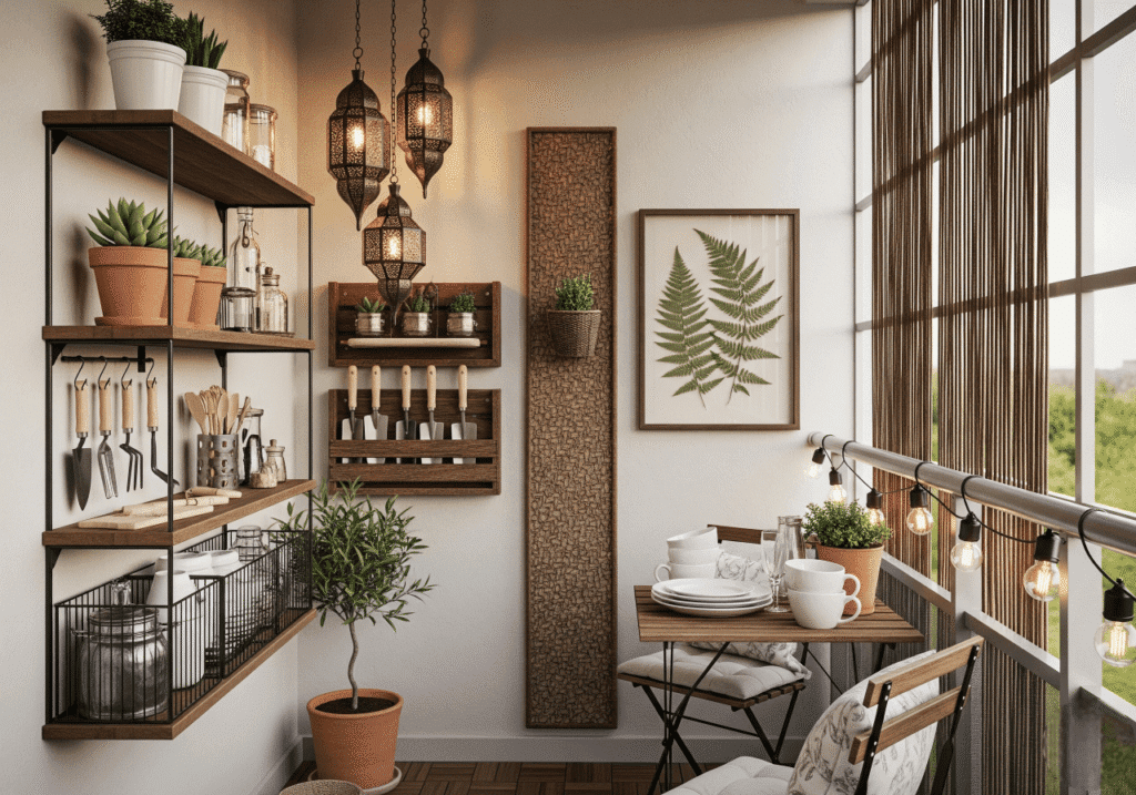 A well-decorated small balcony showcasing Utilizing Vertical Space for both storage and decor. Wooden shelves with metal frames hold potted plants, gardening tools, and outdoor dining ware. Three ornate hanging lanterns and string lights illuminate the space. A framed botanical print and a bamboo privacy screen enhance the aesthetic, creating a cozy and functional outdoor room. Keywords: Vertical Space Balcony, Balcony Storage, Outdoor Decor, Small Balcony Ideas.