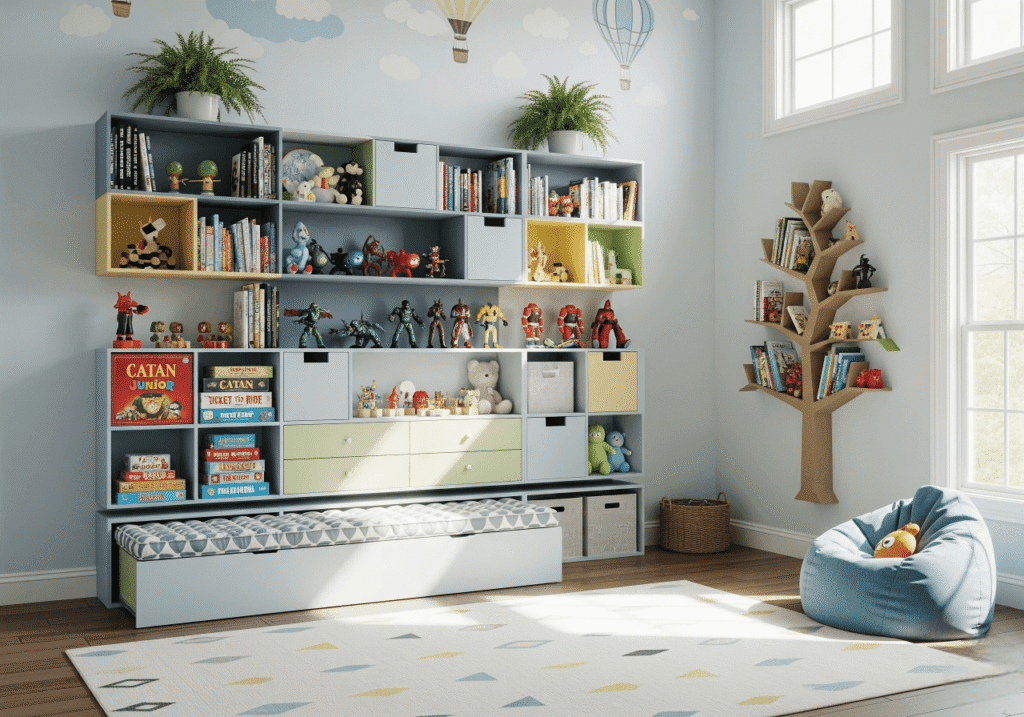A brightly lit children's room showcasing Utilizing Vertical Space for Effective Organization. Colorful modular wall shelves are mounted on a light blue wall with playful cloud and hot air balloon decals, displaying books, toys, and storage boxes. A tree-shaped bookshelf also maximizes vertical storage. A daybed with drawers underneath provides seating and additional storage. This image illustrates smart Vertical Storage Solutions for organized kids' rooms, keeping the floor space open. Keywords: Kids Room Organization, Vertical Storage, Space-Saving Ideas, Children's Room Decor.