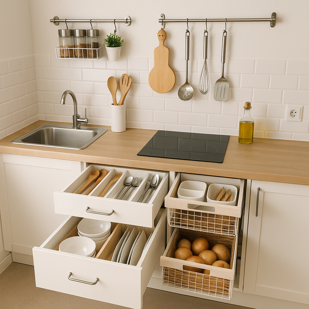 Compact kitchen with drawer organizers, pull-out baskets, and wall-mounted hooks for smart storage.