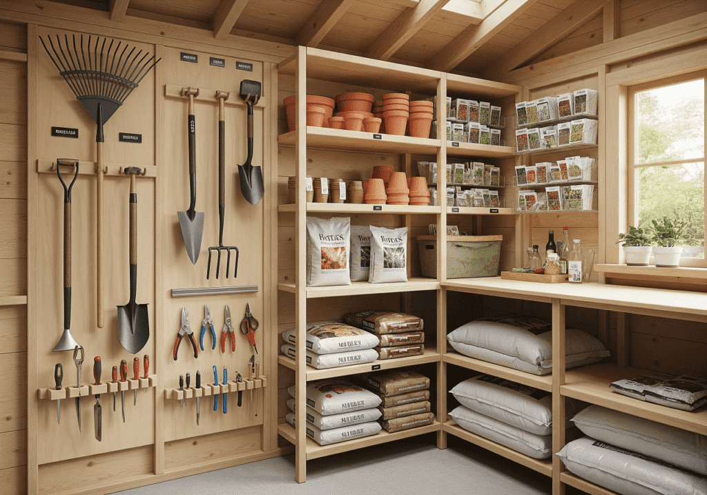 A well-organized wooden garden shed showcasing Building Custom Storage Systems. On the left wall, tailored racks hold various gardening tools like rakes, shovels, and smaller hand tools. On the right, wooden shelves are filled with terracotta pots, bags of soil, and seed packets, demonstrating efficient vertical and horizontal storage. This image highlights Custom Garden Storage Solutions for a personalized and adaptable workspace. Keywords: Custom Garden Shed, Tool Organization, Vertical Storage, Garden Storage Ideas.