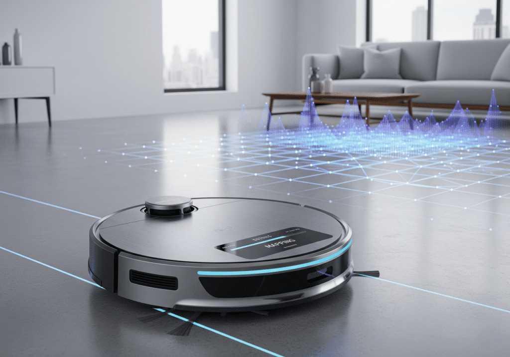 A high-tech, futuristic robotic vacuum cleaner is actively mapping a modern, minimalist living room with glowing blue geometric lines on the floor. The vacuum has a digital display that reads "MAPPING," symbolizing Innovations in Robotic Vacuum Technology and the integration of AI. The image conveys a sense of quiet efficiency and advanced smart cleaning. Keywords: Robotic Vacuum, AI Mapping, Smart Home, Futuristic Cleaning, Tech Innovation.