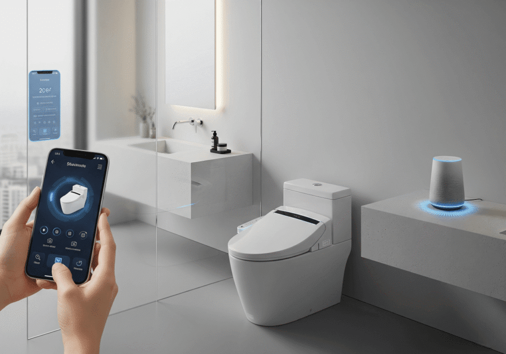 A sleek, modern bathroom features a smart toilet. A hand holds a smartphone displaying controls for the toilet, suggesting its integration with a smart home system. A smart speaker glows on a nearby surface, hinting at voice control capabilities. A transparent screen on the mirror also displays smart home controls.