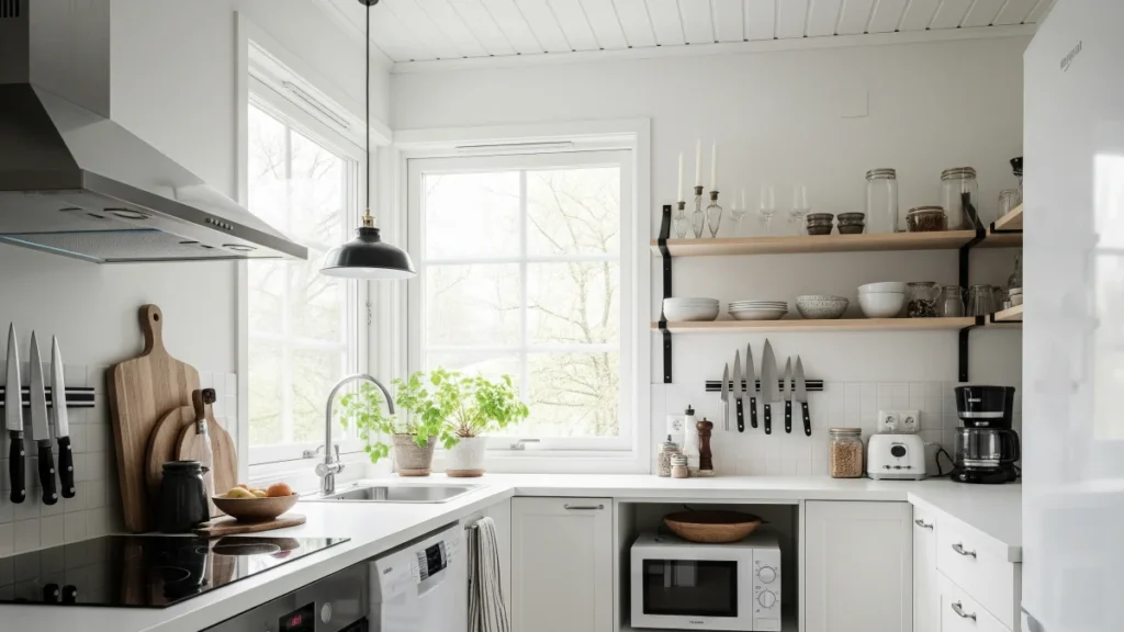 Green kitchen ideas with plants and wood.