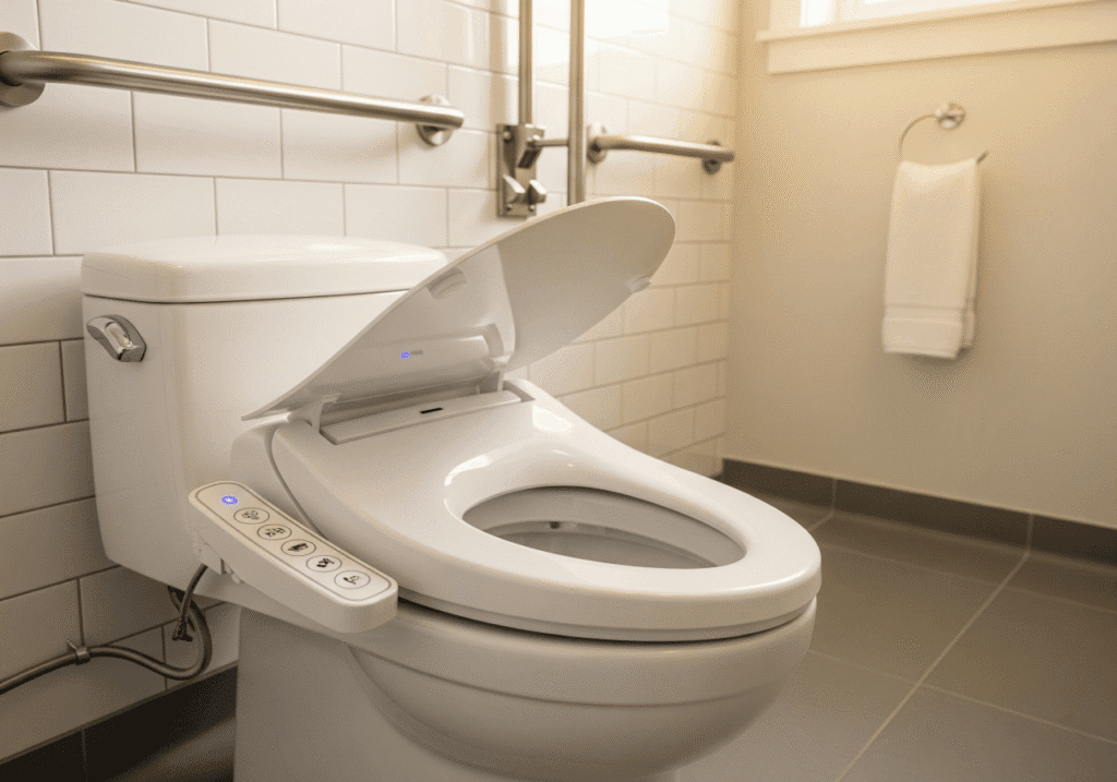 A close-up of a modern, white smart toilet with its lid slightly open. The toilet features a control panel with clear, lit buttons for functions like flush and bidet. Grab bars are visible on the wall, highlighting its use for accessibility and independence.