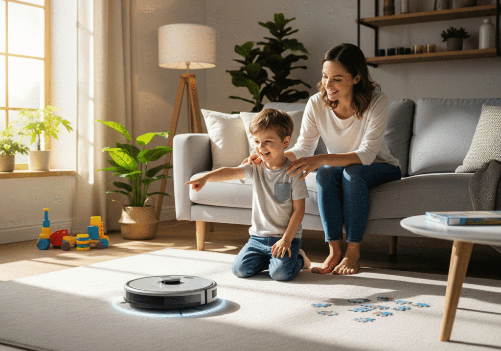 A cheerful mother and her young son are in a modern, sunlit living room. The boy, on his knees, points excitedly at a sleek robotic vacuum cleaner with a glowing blue light as it cleans a light-colored rug. The mother sits on a sofa, smiling happily, symbolizing the seamless integration of technology into family life and the joy of effortless cleaning. The image represents the article's focus on Incorporating Robotic Vacuums into Family Life. Keywords: Family Life, Robotic Vacuum, Smart Home, Child and Technology, Effortless Cleaning.