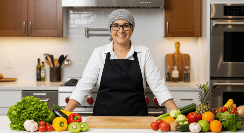 A professional photograph of a person, with a friendly expression, standing in a brightly lit kitchen. They are behind a counter with various colorful fresh fruits and vegetables. The person is wearing a white chef's shirt and a black apron.