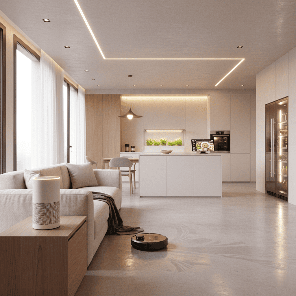 Smart home interior with modern devices like smart speakers, lighting, and kitchen appliances in 2025.