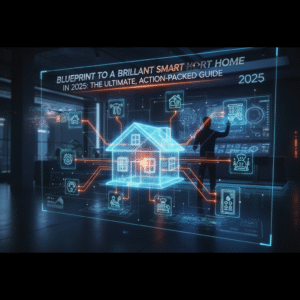 A futuristic, dark-themed digital interface displays a glowing blue wireframe house at its center, representing a smart home. Surrounding the house are interconnected orange lines leading to various holographic icons symbolizing different smart home functions like security cameras, lighting, climate control, appliances, and energy management. The title 'BLUEPRINT TO A BRILLIANT SMART HOME IN 2025: THE ULTIMATE, ACTION-PACKED GUIDE' is prominently displayed at the top, along with '2025'. In the background, a silhouetted figure stands in front of a control panel, suggesting a user interacting with advanced technology in a modern data center or control room. This image visually represents the concept of smart home technology, home automation, and futuristic living