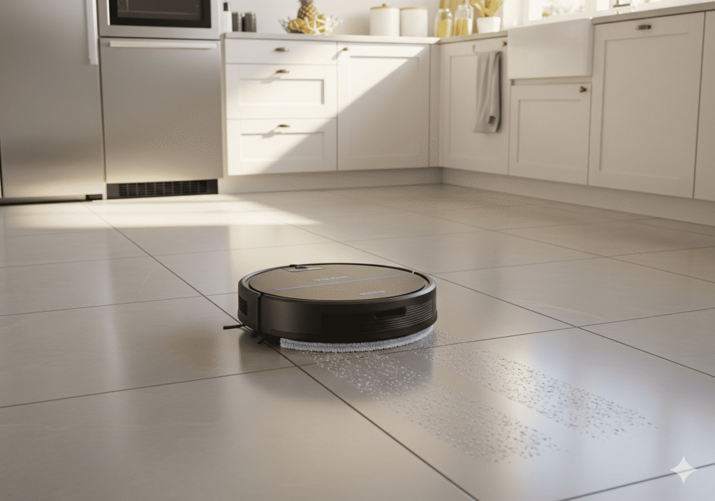 Robot mop in kitchen floor cleaning action